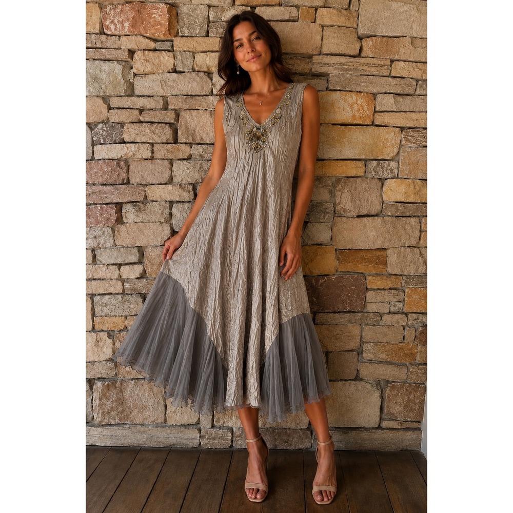 Komarov Women Medium Tiered Chiffon Charmeuse Dress Midi Dress Beaded Fairy Boho